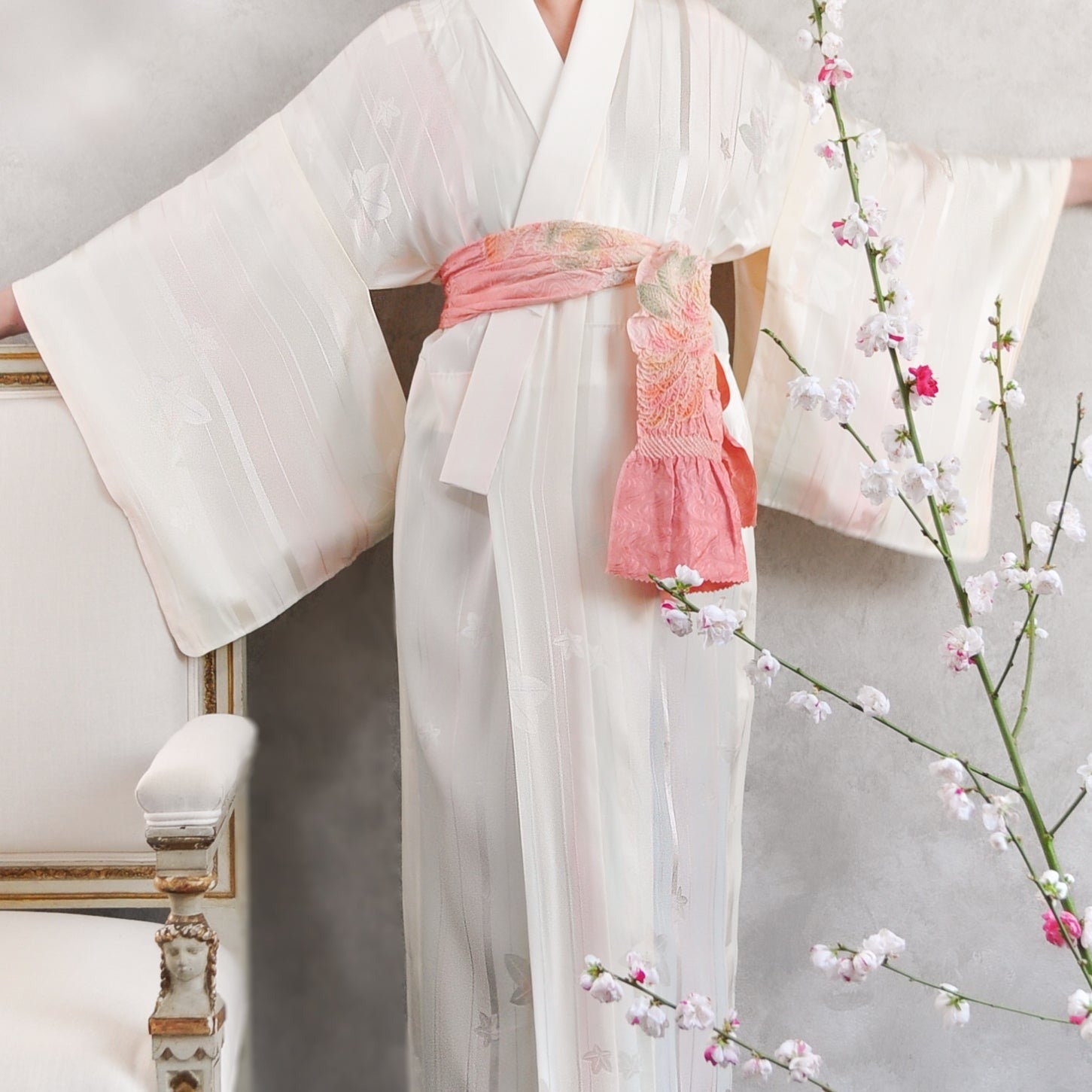 Moonlit Maple and Stripe Silk Vintage Juban Kimono
