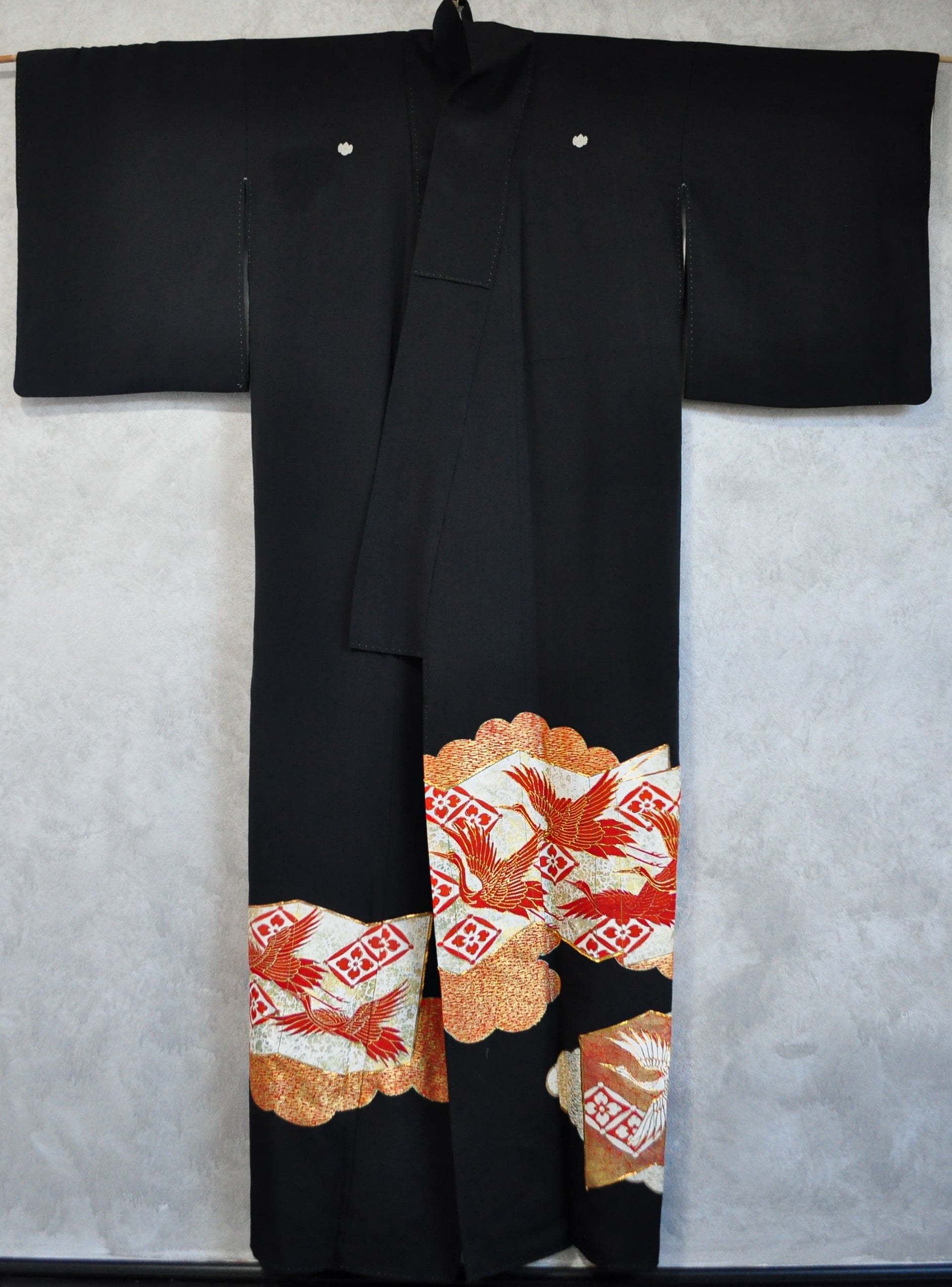 Wings of Love Golden Thread Crane Print Gosan Kiri Kamon Vintage Kimono