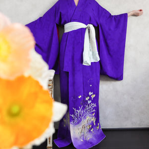Amethyst of Autumn Silk Jacquard Antique kimono with Ageha Kamon