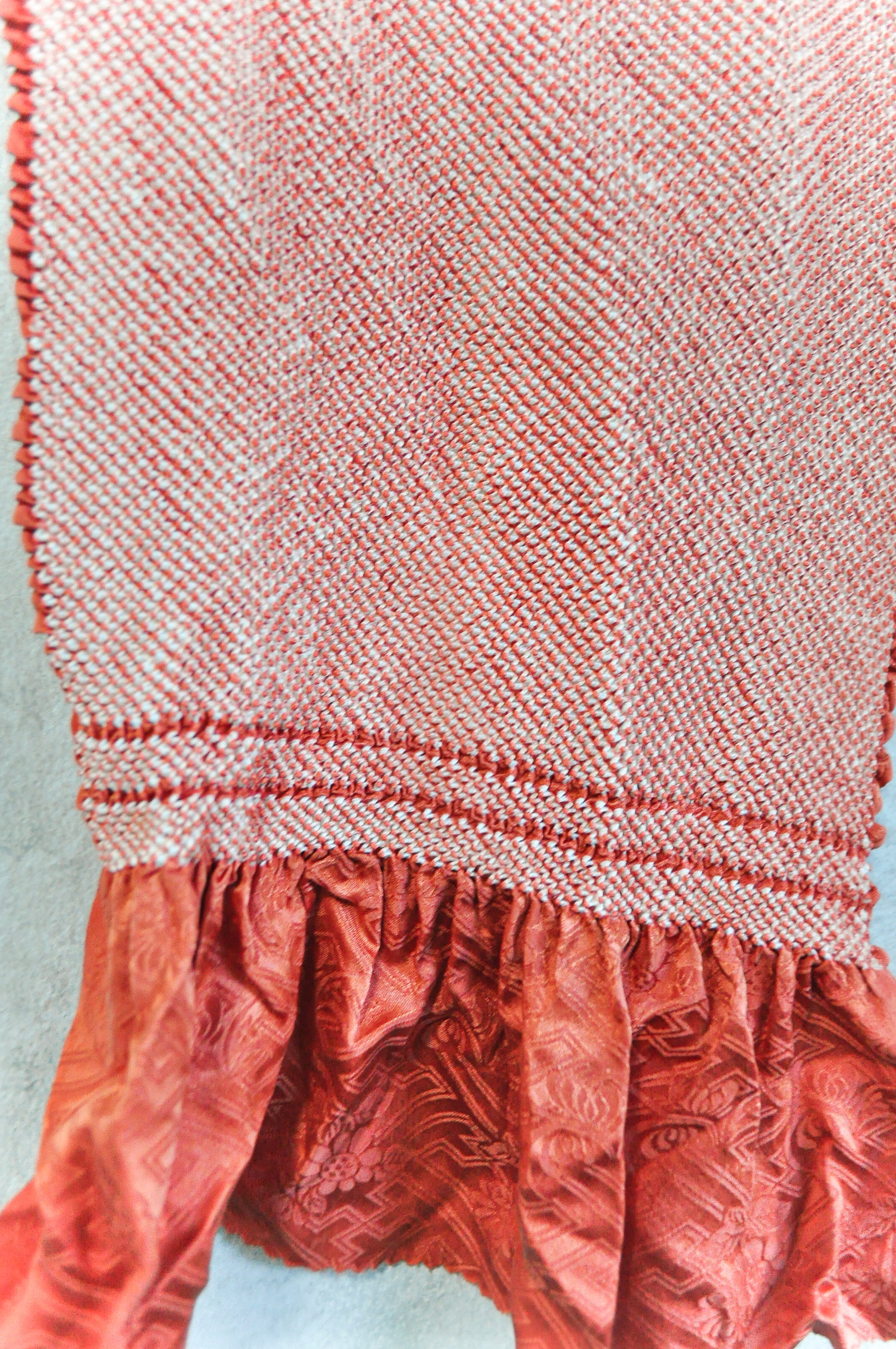 Chrysanthemum Patterned Damask Silk Obiage Belt in Geranium