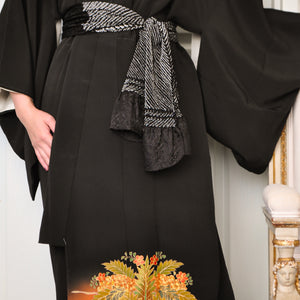 Kuro chrysanthemum Pattern Shibori Damask Silk Vintage Obiage Belt