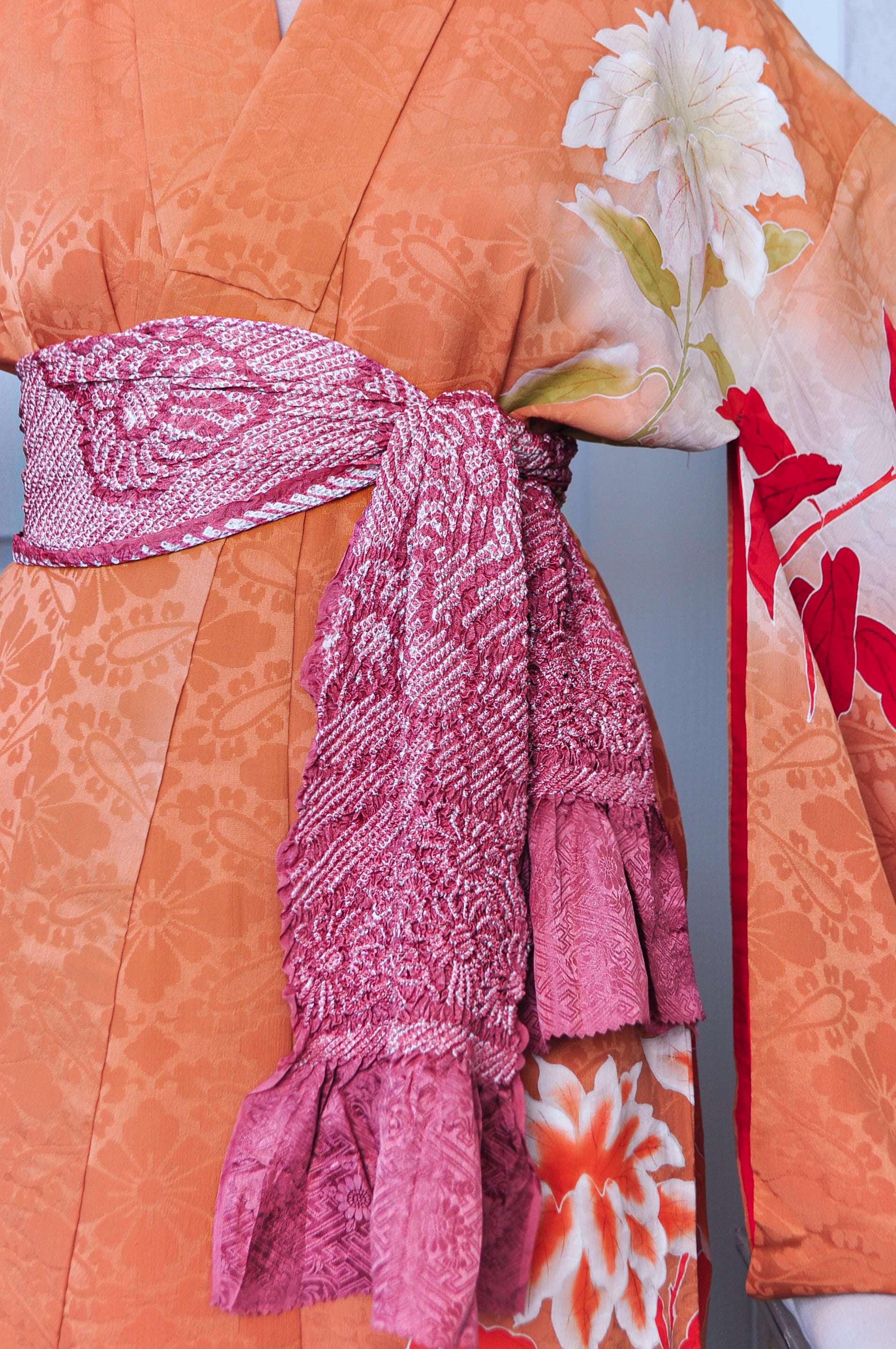 Zinnia Patterned Shibori Vintage Damask Silk Obiage Belt