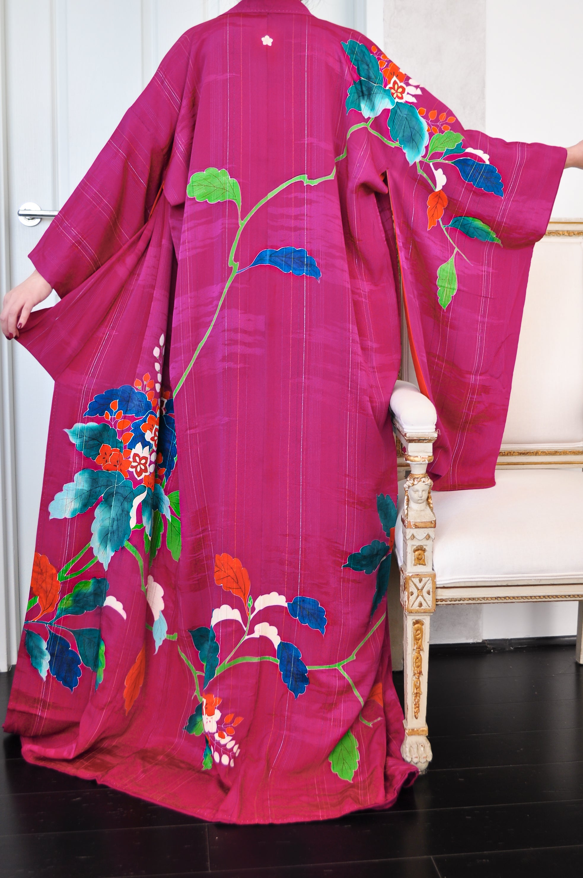 Full Bloom Lurex Stripe Antique Kimono with Kikiyo Kamon