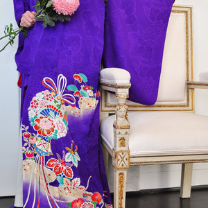 Kiri Pattern Rinzu Silk Antique Kimono with Gosan kiri Kamon