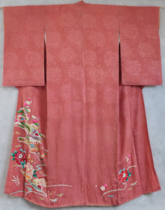 Peony and Chrysanthemum Pattern Rinzu Silk Antique Kimono with Katabami Kamon