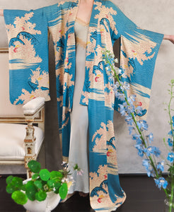 Forget me Not Sayagata Patterned Antique Silk Kimono