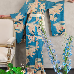 Forget me Not Sayagata Patterned Antique Silk Kimono