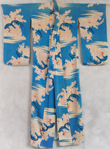 Forget me Not Sayagata Patterned Antique Silk Kimono