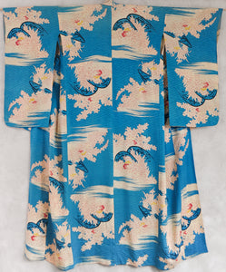 Forget me Not Sayagata Patterned Antique Silk Kimono