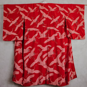 Blessing of Love Antique Red Silk Crane Print Vintage Juban Kimono