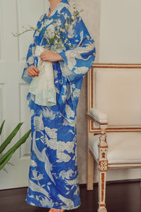 Seigaiha Crane Pattern Antique Silk Hemp Vintage Juban Kimono