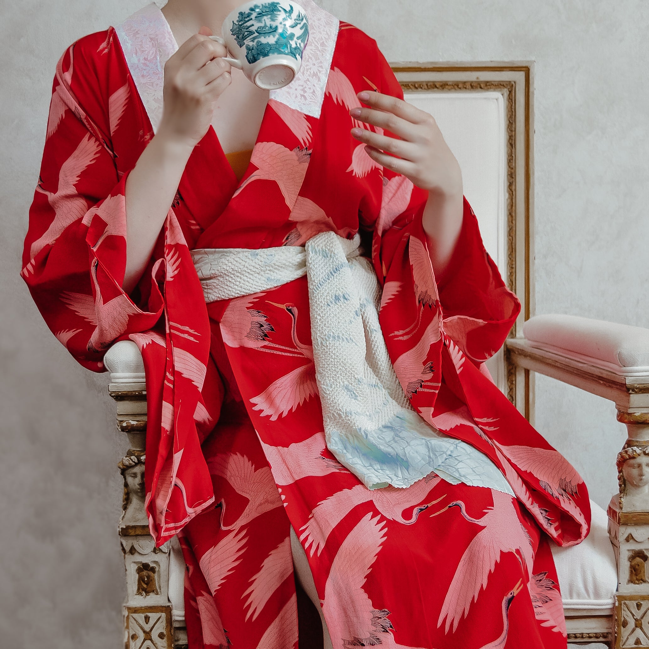 Blessing of Love Antique Red Silk Crane Print Vintage Juban Kimono