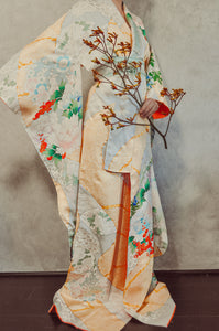 Golden Realm Vintage Silk Crepe Furisode Kimono Robe