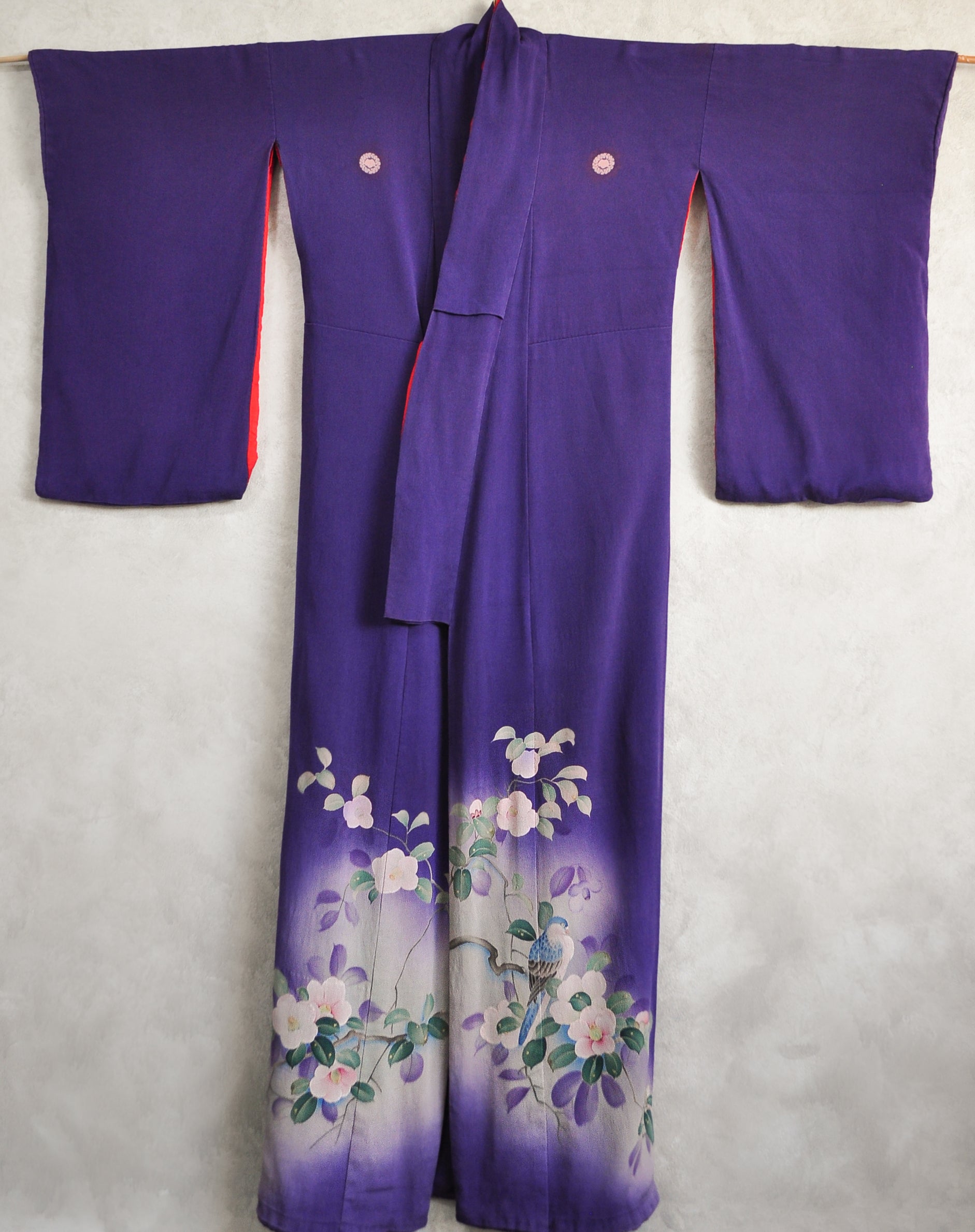 Kingfisher and Camellia with Morning Dew Embroidery Tsuta Kamon Antique Silk Vintage Kimono