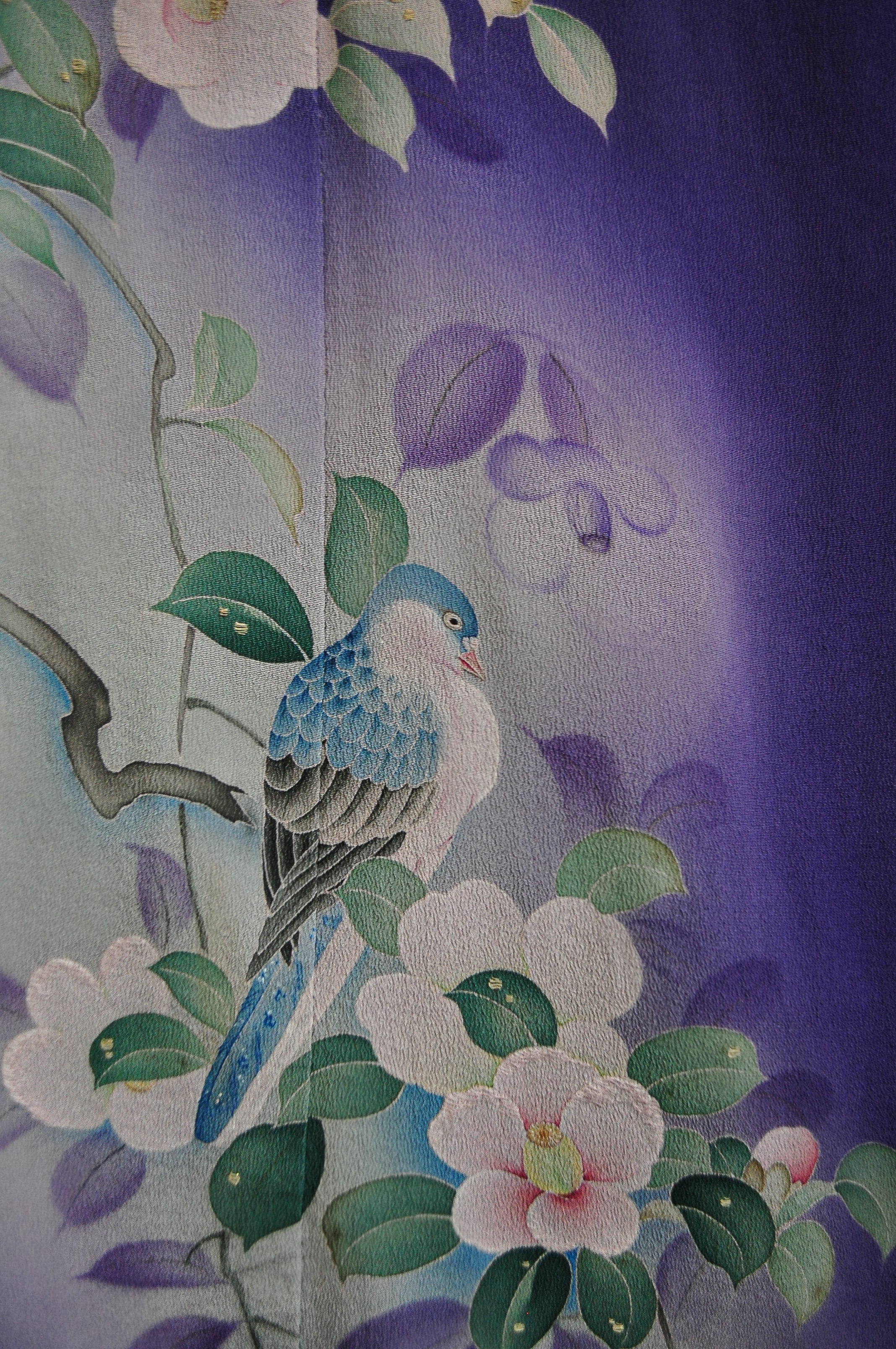 Kingfisher and Camellia with Morning Dew Embroidery Tsuta Kamon Antique Silk Vintage Kimono