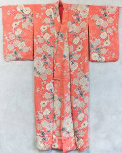 Kirishima Azalea Antique Rinzu Silk Damask Vintage Kimono