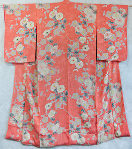 Kirishima Azalea Antique Rinzu Silk Damask Vintage Kimono