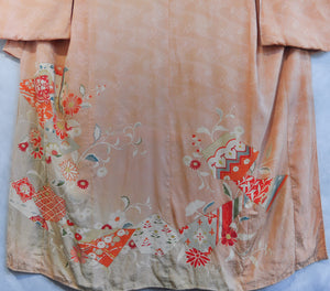 Sunset coral Antique Rinzu Silk Damask Vintage Kimono