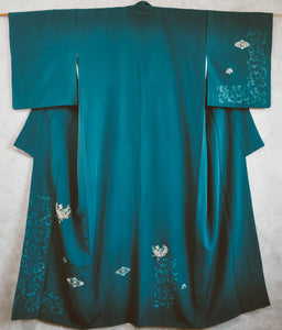 Sapphire Phoenix 80s Embroidery Silk Chirimen Kimono Robe
