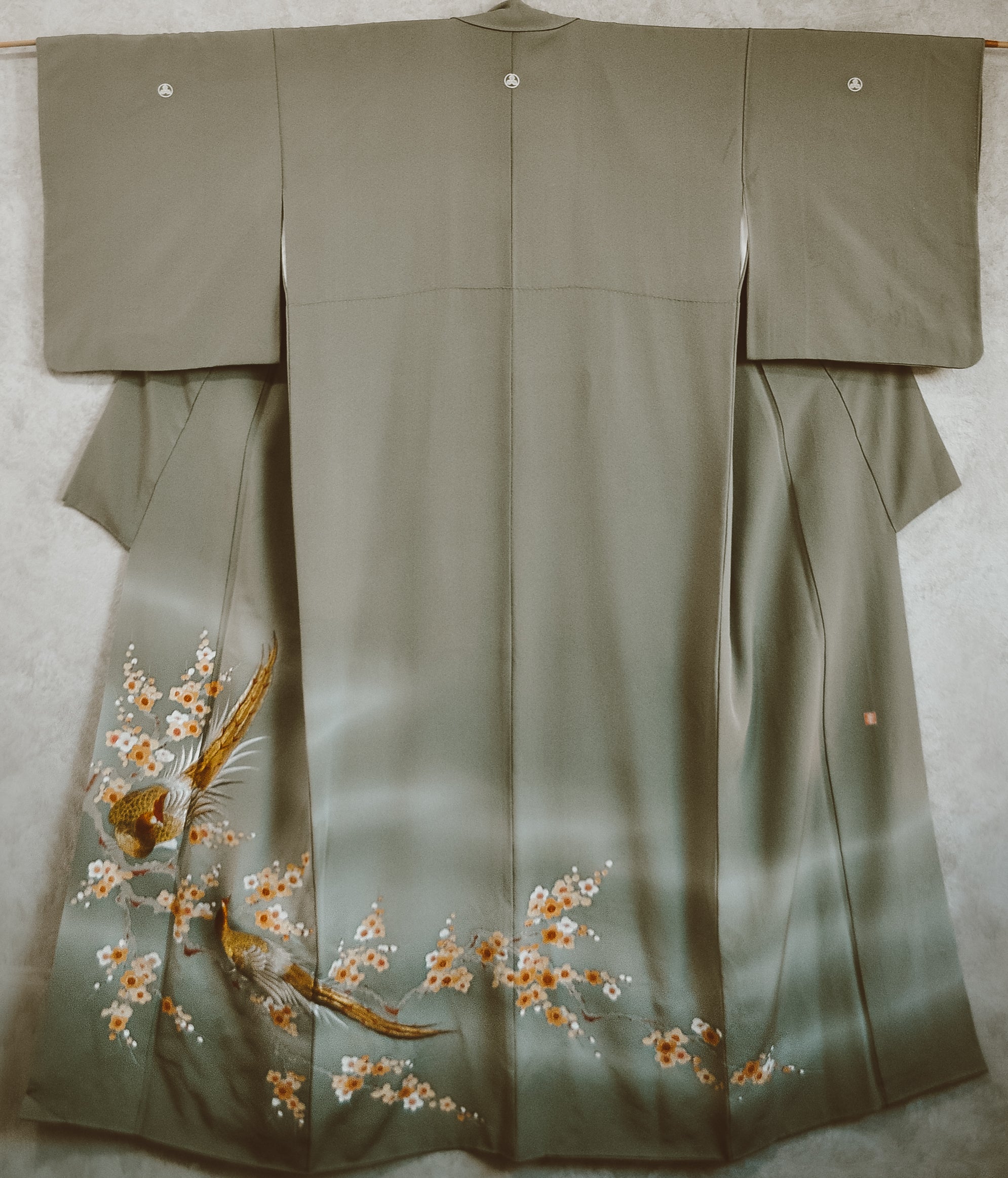 Moonlit 80s Plum Ume Print with Golden Bird Embroidery Kimono