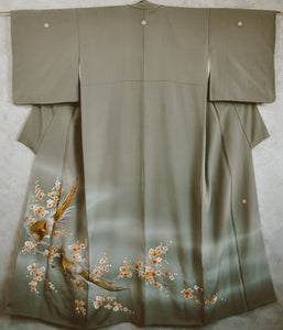 Moonlit 80s Plum Ume Print with Golden Bird Embroidery Kimono