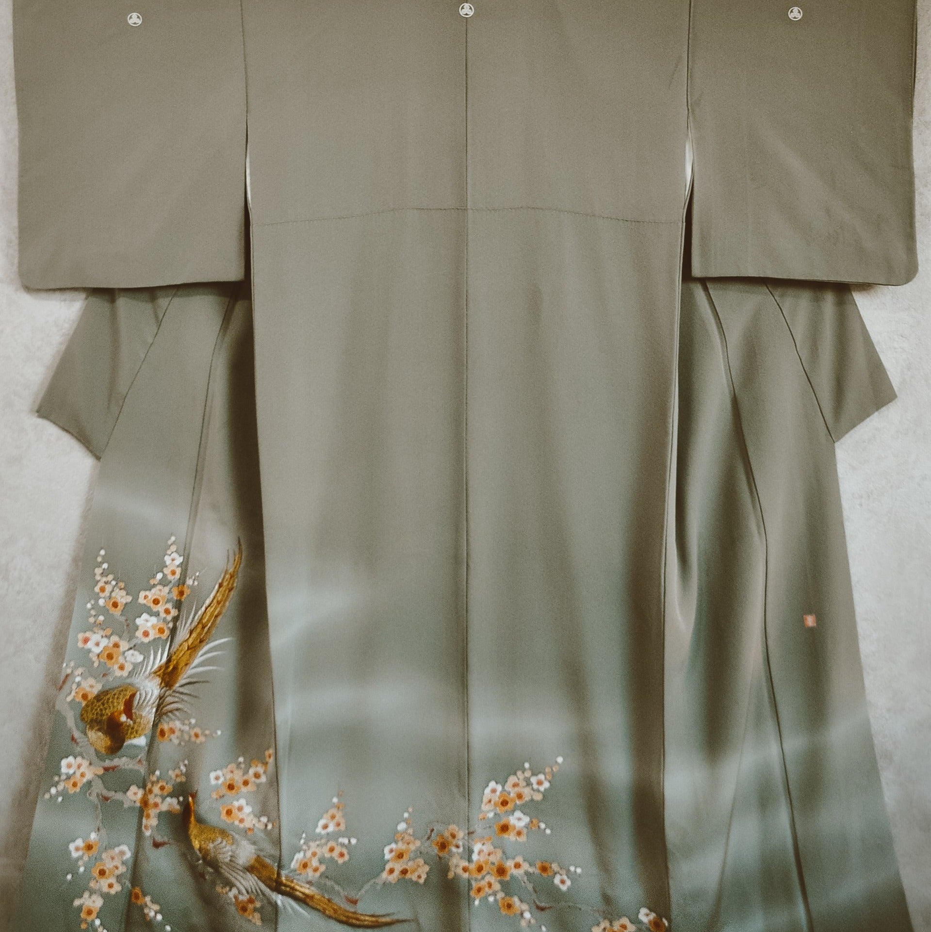 Moonlit 80s Plum Ume Print with Golden Bird Embroidery Kimono