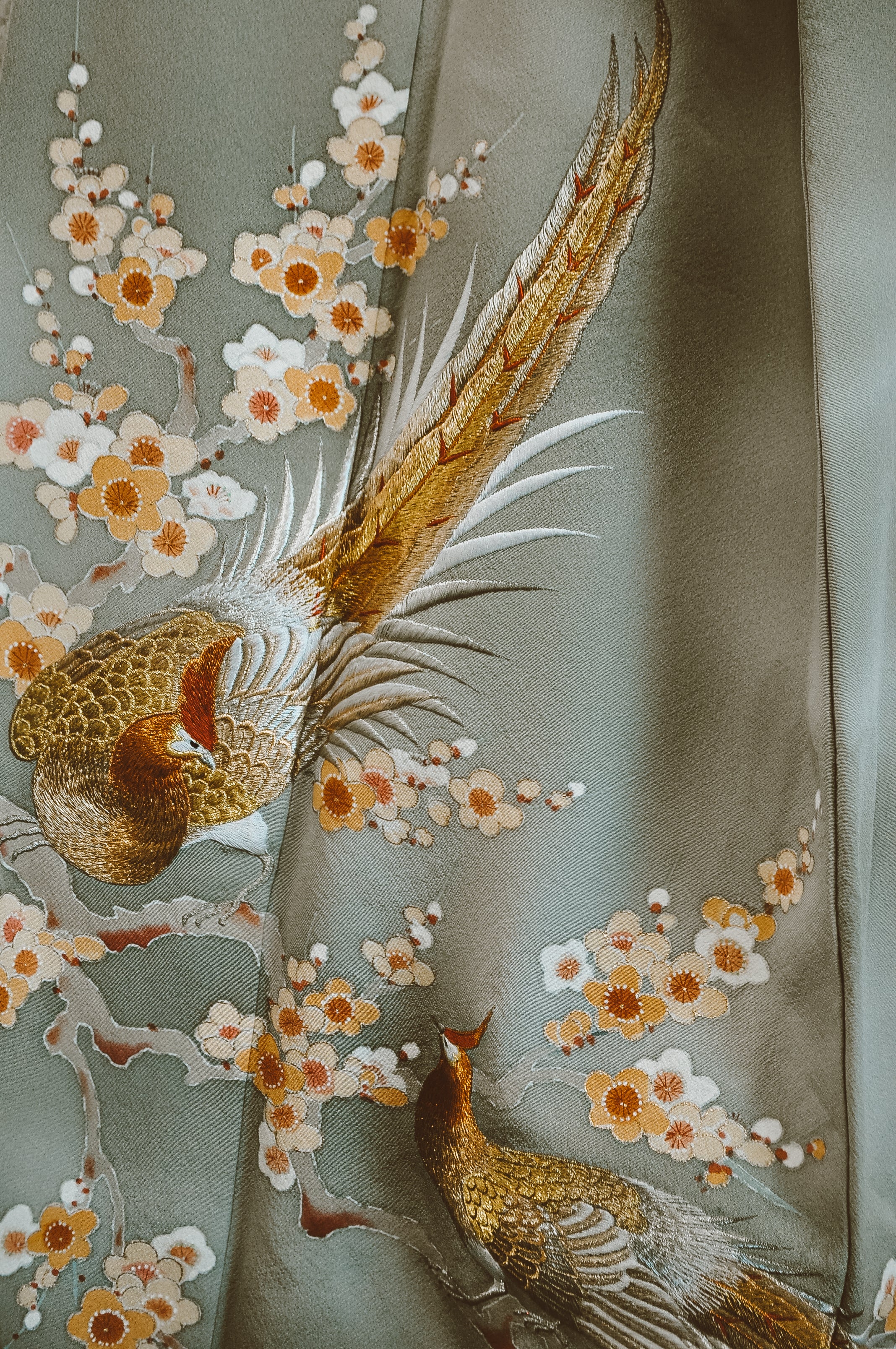 Moonlit 80s Plum Ume Print with Golden Bird Embroidery Kimono