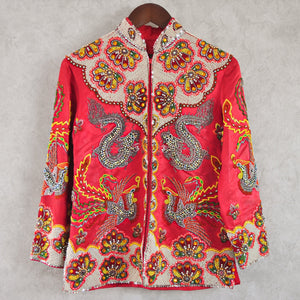 Dragon and Phoenix Embellished 70s Vintage Silk Mandarin Collar Jacket
