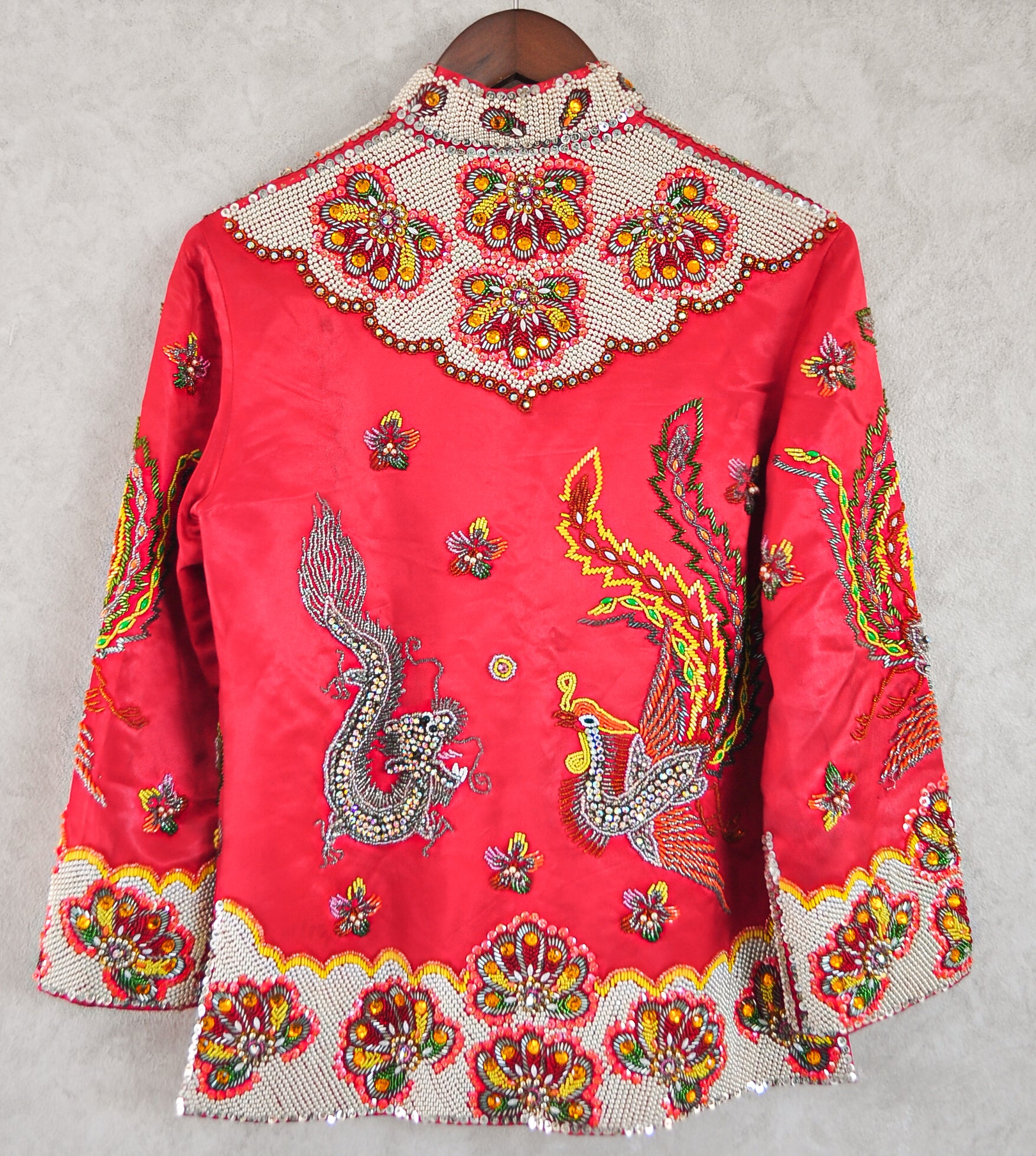 Dragon and Phoenix Embellished 70s Vintage Silk Mandarin Collar Jacket