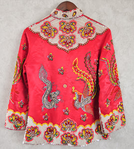 Dragon and Phoenix Embellished 70s Vintage Silk Mandarin Collar Jacket