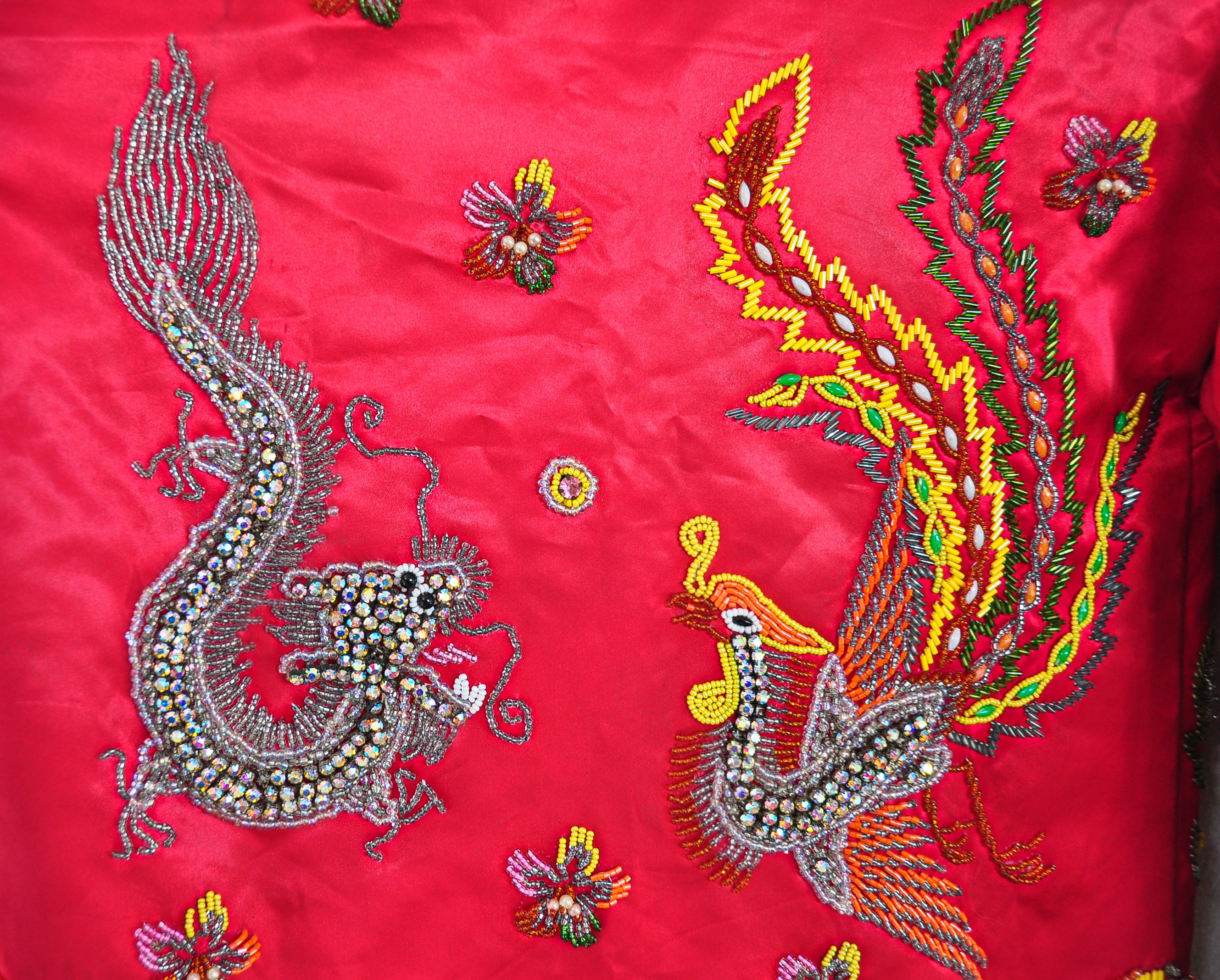 Dragon and Phoenix Embellished 70s Vintage Silk Mandarin Collar Jacket