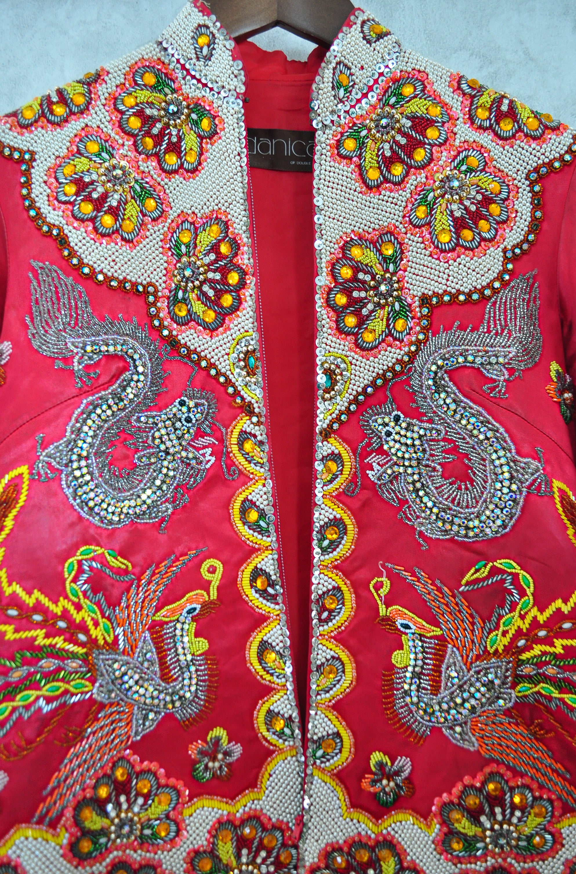 Dragon and Phoenix Embellished 70s Vintage Silk Mandarin Collar Jacket