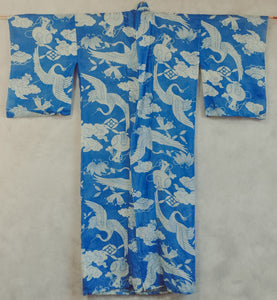 Seigaiha Crane Pattern Antique Silk Hemp Vintage Juban Kimono