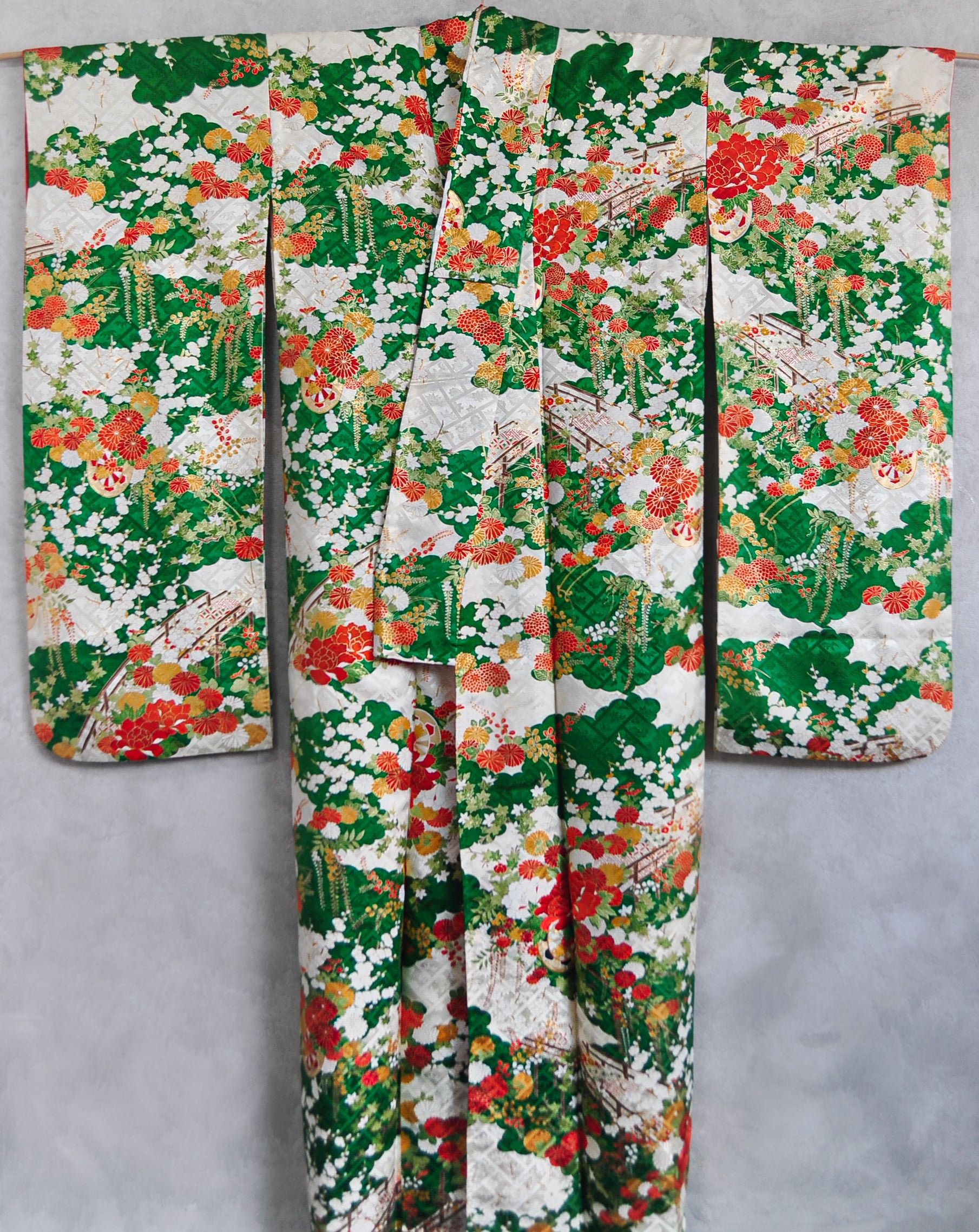 Emerald 80s Vintage Textured Silk Furisode Kimono