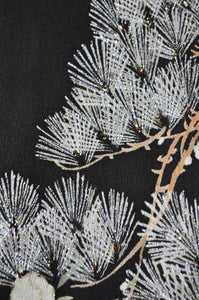 Moonless night Crane Peony and Pine Maru ni Oni Zuta Kamon Antique Silk Chirimen Vintage Tomesode Kimono