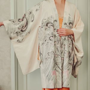 Moonbeam Wave Pattern Embroidery Vintage Haori Kimono Jacket