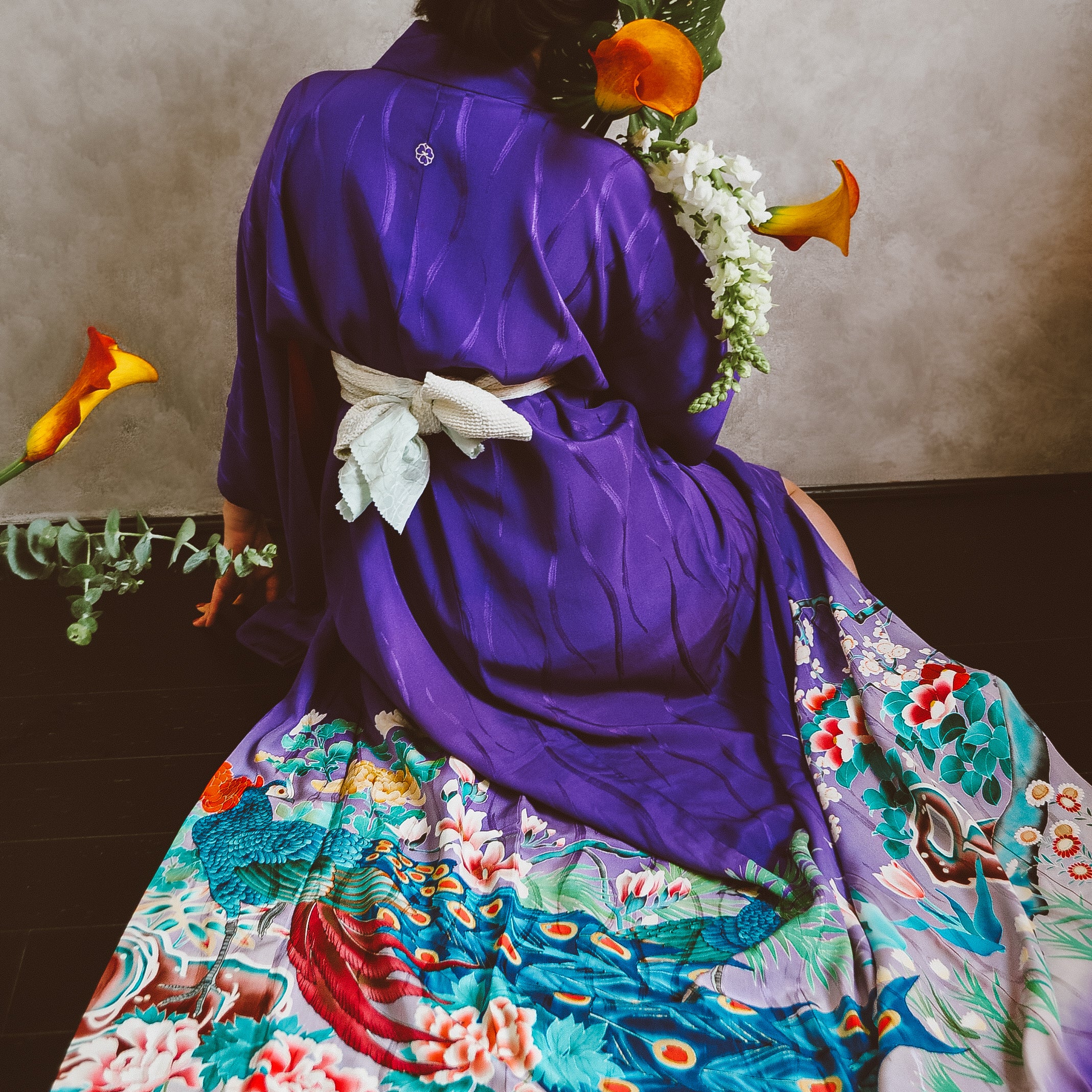 Magnificent Lovebirds Antique Katabami Kamon Vintage Kimono