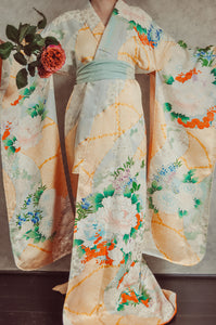 Golden Realm Vintage Silk Crepe Furisode Kimono Robe