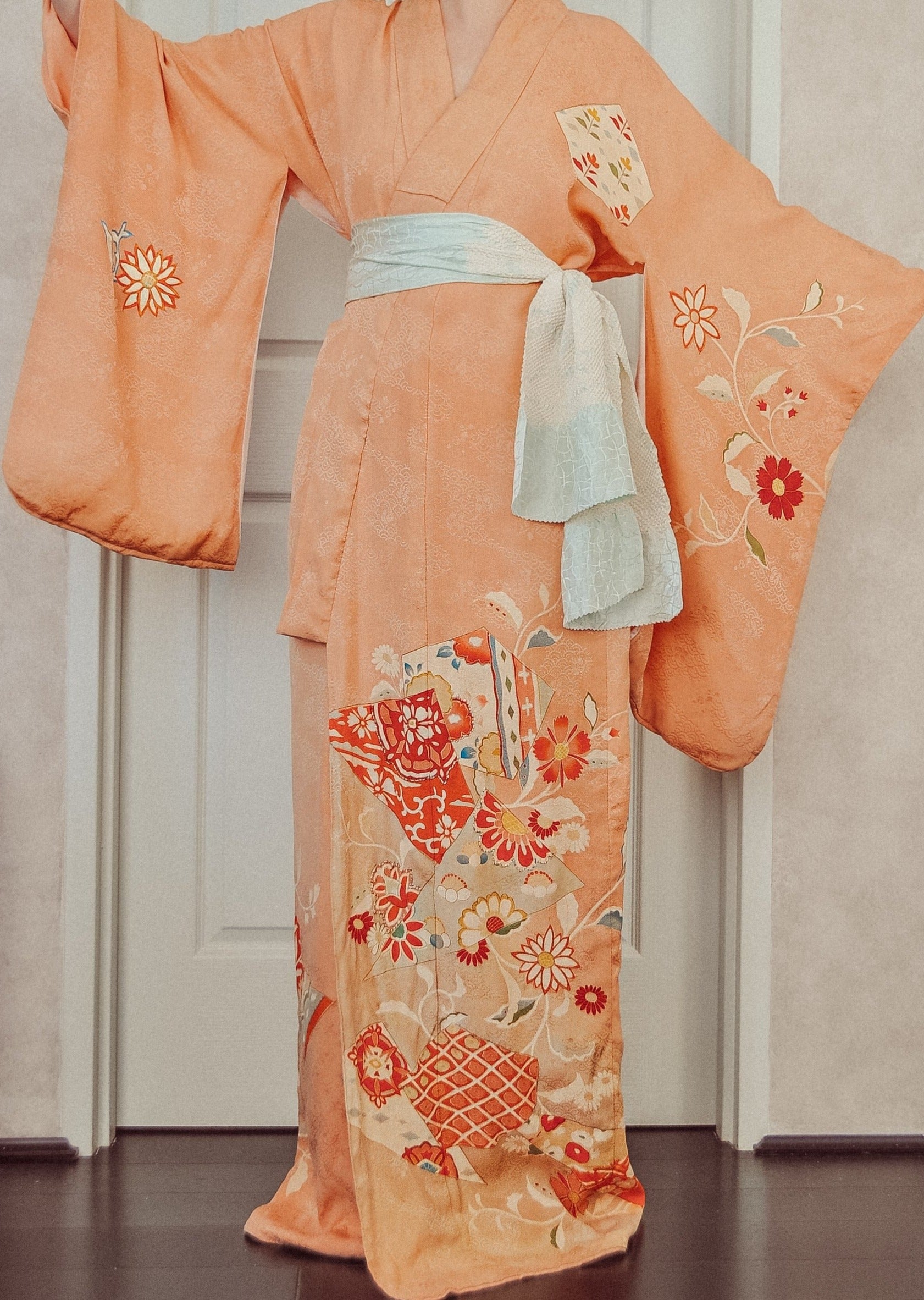 Sunset coral Antique Rinzu Silk Damask Vintage Kimono