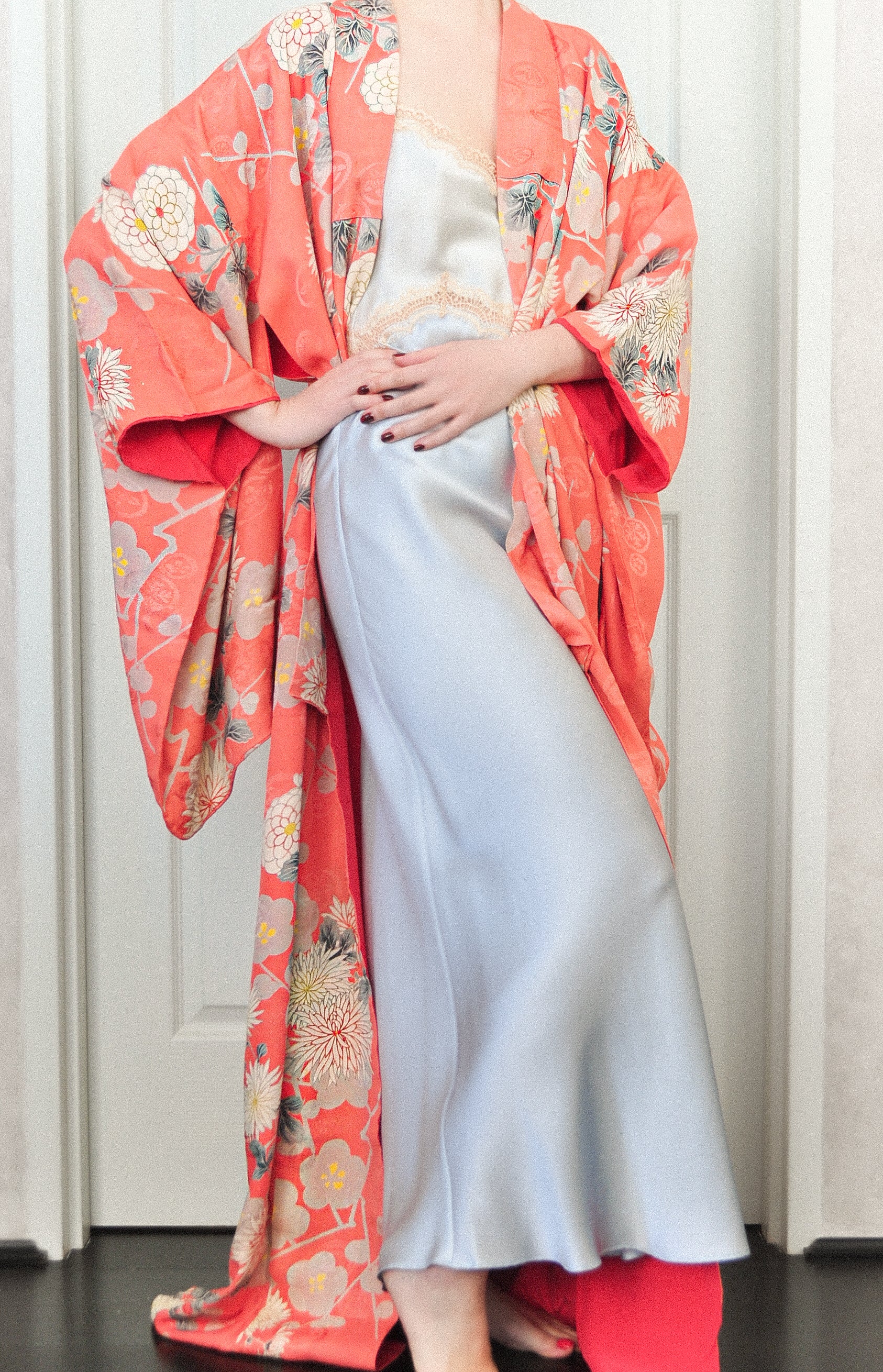 Kirishima Azalea Antique Rinzu Silk Damask Vintage Kimono