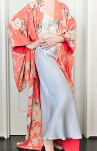 Kirishima Azalea Antique Rinzu Silk Damask Vintage Kimono
