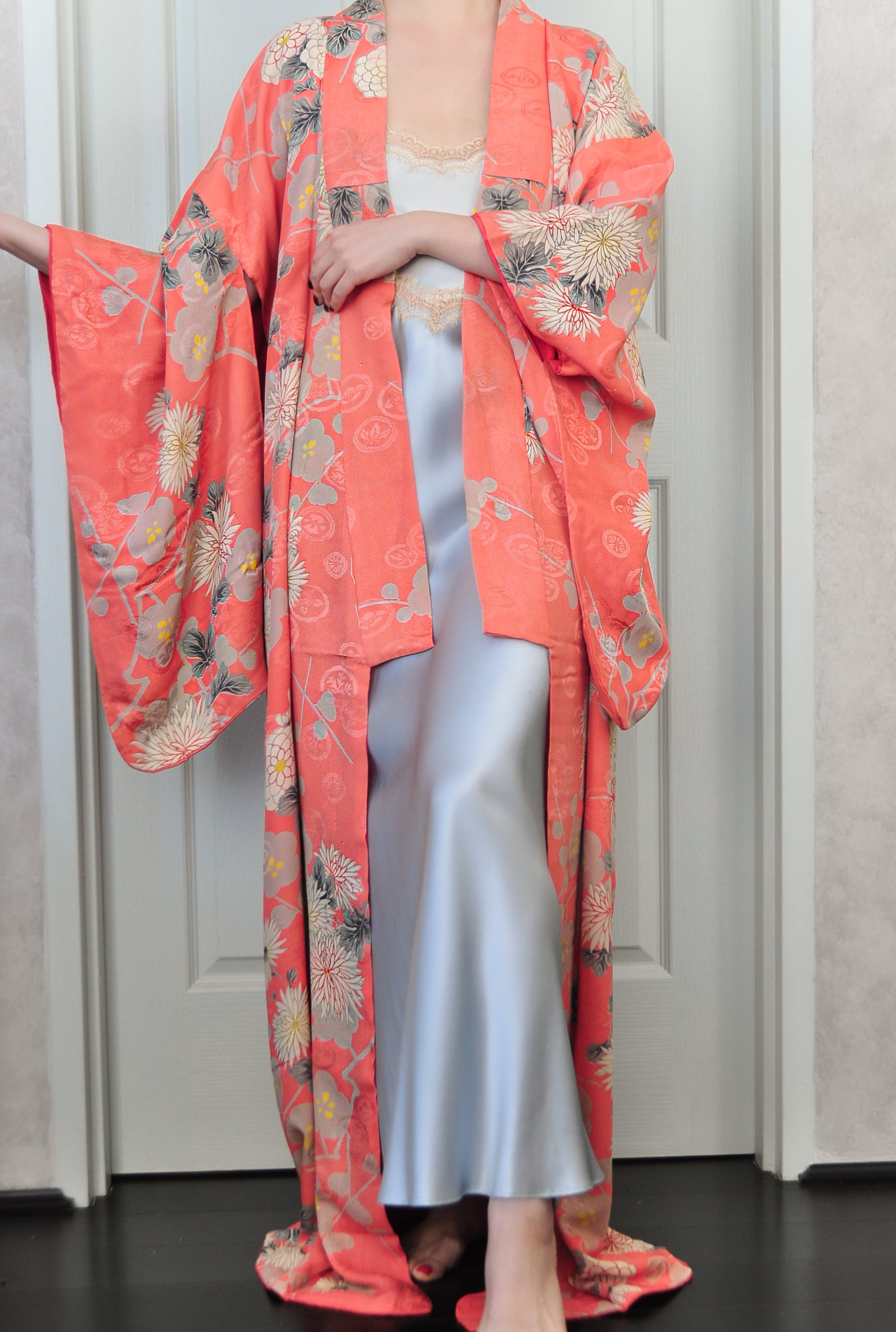 Kirishima Azalea Antique Rinzu Silk Damask Vintage Kimono