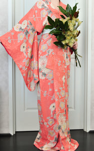Kirishima Azalea Antique Rinzu Silk Damask Vintage Kimono