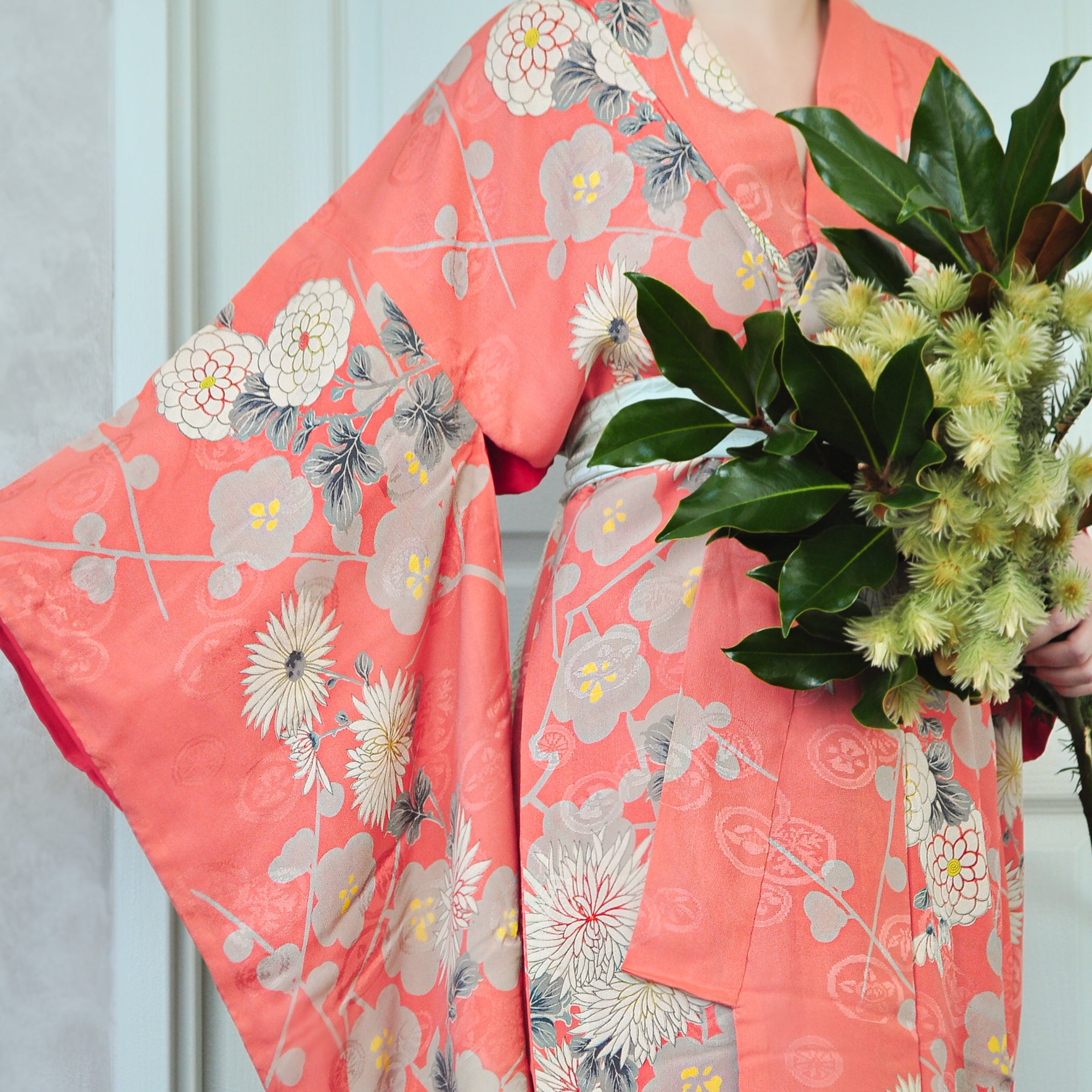 Kirishima Azalea Antique Rinzu Silk Damask Vintage Kimono