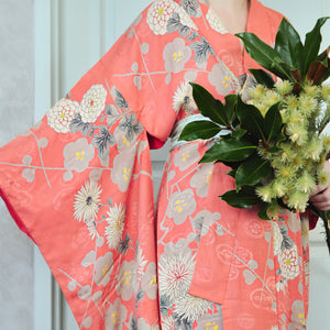 Kirishima Azalea Antique Rinzu Silk Damask Vintage Kimono